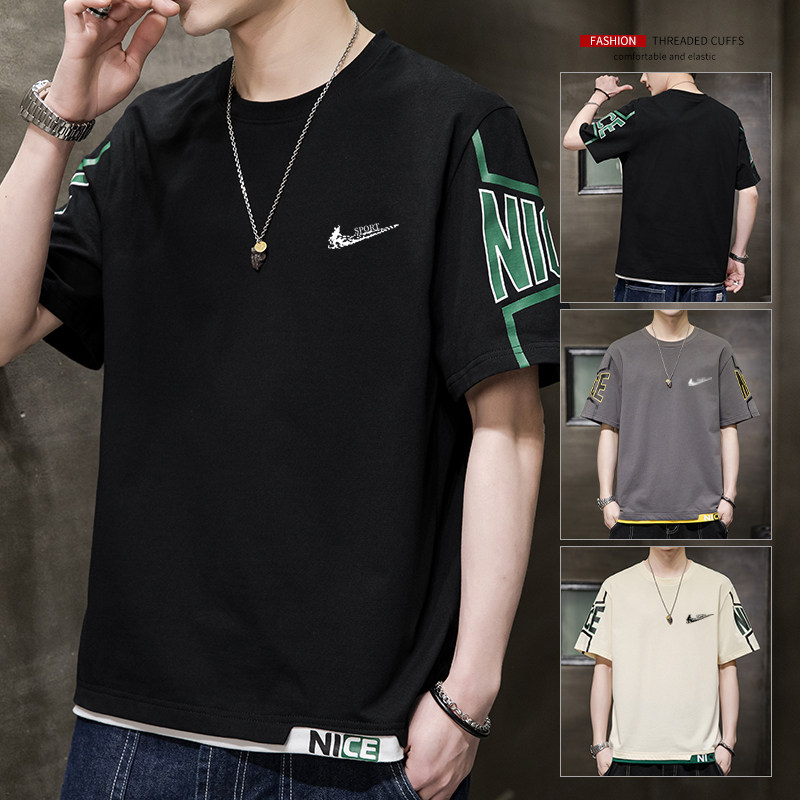 耐克顿纯棉短袖T恤男士夏季宽松潮牌印花休闲百搭五分袖圆领上衣