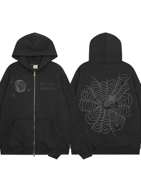 broken planet 美式高街字母发泡蜘蛛印花连帽加绒开衫情侣外套潮
