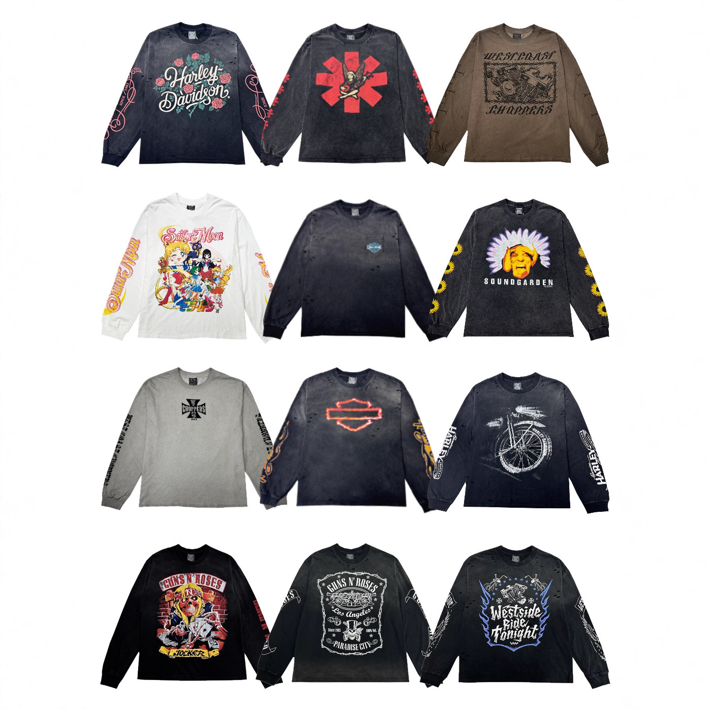 美式高街哈雷复古vintage乐队西海岸vtg长袖做旧宽松重磅潮牌T恤