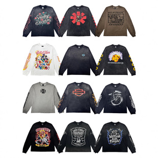 美式高街哈雷复古vintage乐队西海岸vtg长袖做旧宽松重磅潮牌T恤