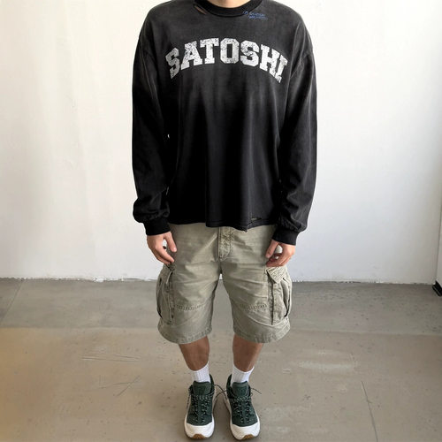 SATOSHI NAKAMOTO字母印花长袖T恤男女宽松休闲破洞做旧打底衫 秋