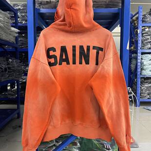 联名款SAINT Michael字母印花水洗做旧破洞加绒休闲男女连帽卫衣