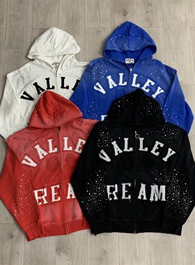 vale valley美式复古字母绣花烫钻连帽开衫卫衣水洗做旧拉链外套