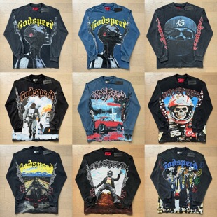Godspeed美式复古水洗做旧印花打底衫街头摇滚风宽松长袖T恤男女
