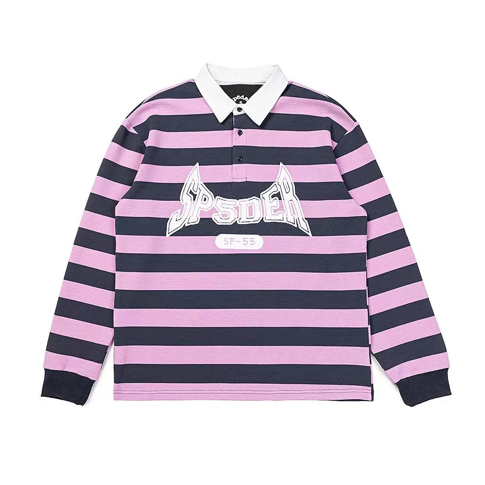 跨境潮牌Sp5der复古polo领条纹字母印花长男女袖T恤宽松休闲上