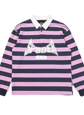 跨境潮牌Sp5der复古polo领条纹字母印花长男女袖T恤宽松休闲上