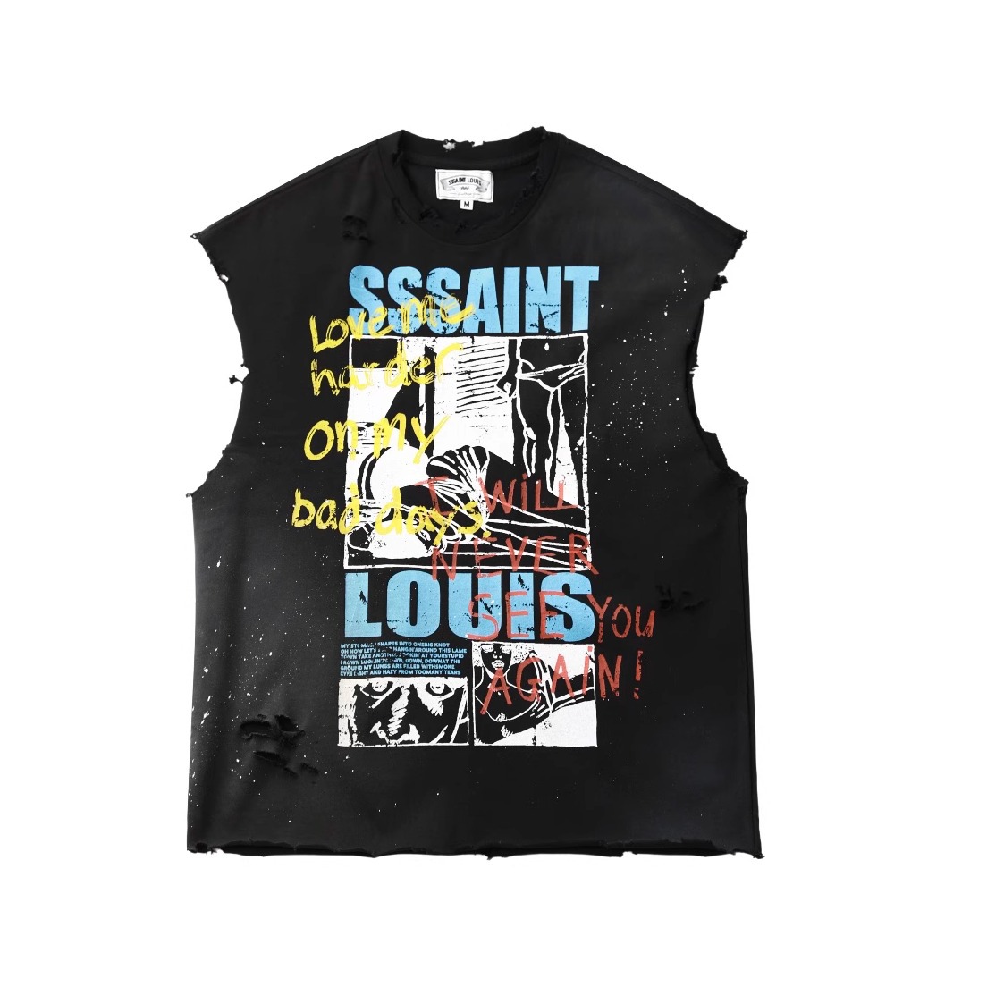 Sssaint Louis手工泼墨做脏水洗做旧破坏美式复古潮流背心 夏