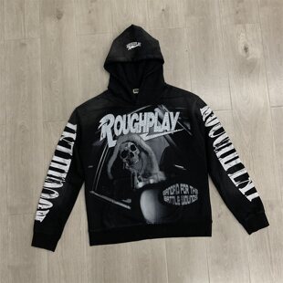 RoughPlay白墨直喷印花烫钻帽衫男女款宽松洗水做旧套头卫衣外套
