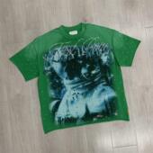 FIRST 宽松圆领印花烫钻做旧洗水短袖 ROW美式 高街绿色男女短袖