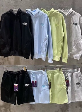 外贸Syna World街头嘻哈刺绣字母加绒连帽卫衣休闲短裤男女套装