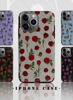 Acvoo复古红色玫瑰花线条柔美iPhone16Promax保护14适用于苹果13手机壳12防摔壳11不褪色可水洗全包