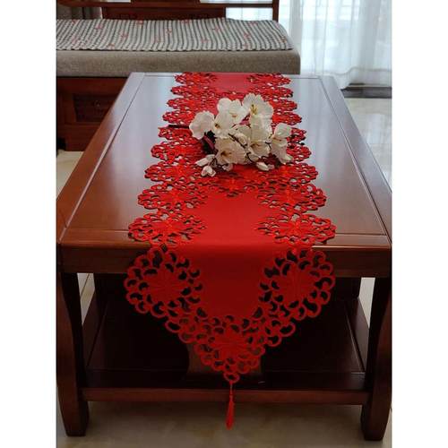 刺绣餐桌桌旗茶几巾 电视柜桌布 大红色欧式结婚中式喜庆长条盖布