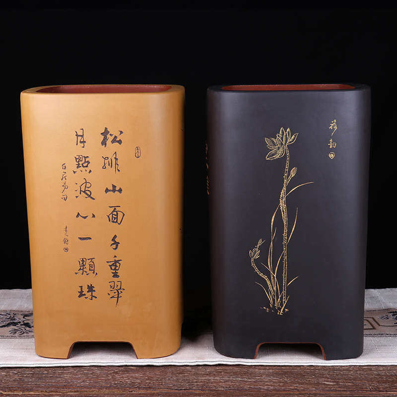 蔓木人紫砂宜兴紫砂盆绿精品绘植大四方花盆兰花剑兰桌面刻手工