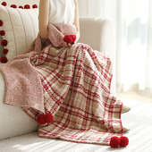 MILA米拉半边绒格纹毛毯红色新年装 饰床尾毯盖毯沙发披毯加厚抱枕