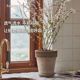 EV陶盆进口意式天然陶土盆宽边高圆盆透气透水防水大号花盆家用