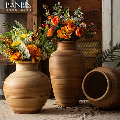 复古陶瓷花瓶摆件客厅插花卧室粗陶罐房间假装饰干花花摆件莲蓬陶