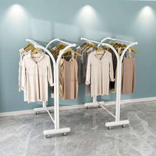 加厚服装店双排中岛架服装展示架白色落地式阳台晾晒衣架移动带轮