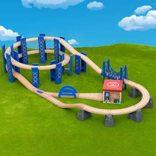 勒酷双层高架桥螺旋桥墩磁性兼容积木轨道火车制2-6岁小木质榉木