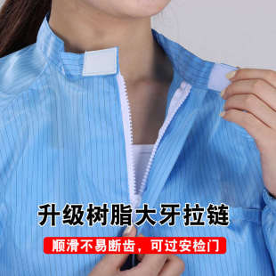 无尘服食品服工厂车间蓝色白 防尘服分体带帽防静电工作服女套装