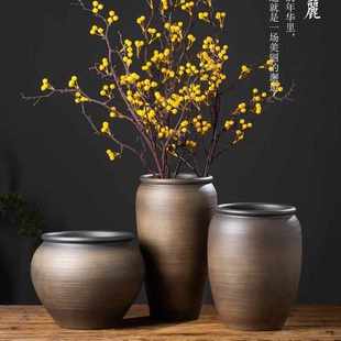 复古花瓶粗陶陶瓷花盆摆件餐厅家居酒店软装 中式 手工土陶罐花盆