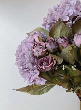 仿真花高级感高枝紫色绣球玫瑰假花插花轻奢客厅摆设绢花混装新款