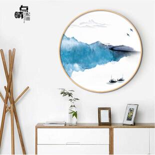 水墨画意境中式新山水木框实禅意装饰画走廊挂画圆形客厅玄关壁画