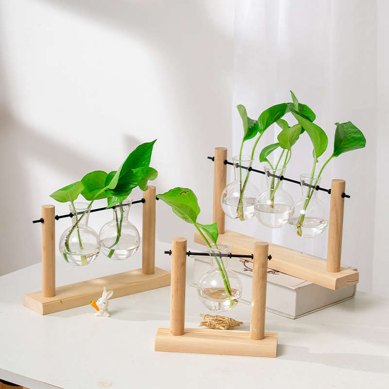 桌面创意木支架透明玻璃花瓶水培绿植工艺品摆件装饰架小清新家