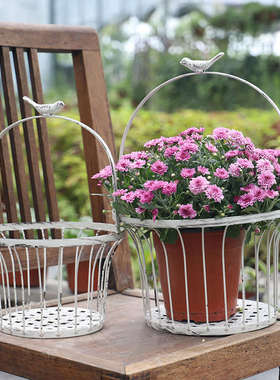 复古做旧白色铁艺小鸟手提篮 花托架 大小套二 实用唯美款