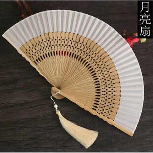 月亮扇 夏季6寸女扇真丝布折扇旗袍走秀扇方便携带小扇子白色