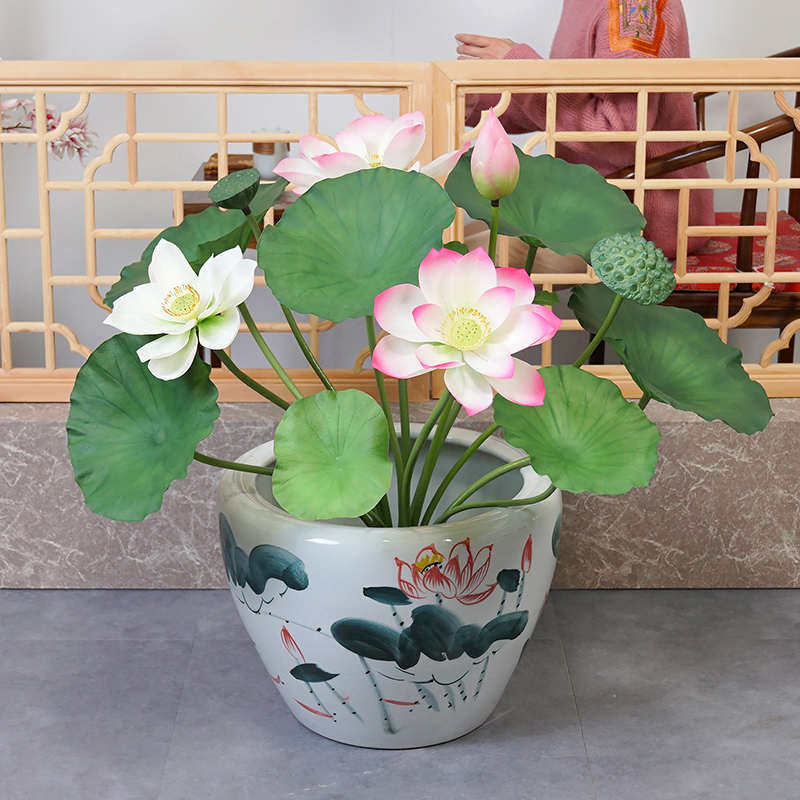 落地鱼缸带盆仿真荷花荷叶套装中式客厅餐厅家居摆件装饰塑料假花,家居饰品,仿真花/假花,淘宝优惠券,粉丝福利购,淘宝优惠卷