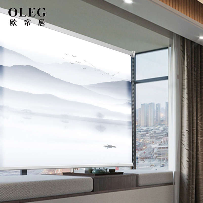 简约意境水墨山水画卷帘窗帘办公室阳台遮阳茶室玄关手拉电动升降