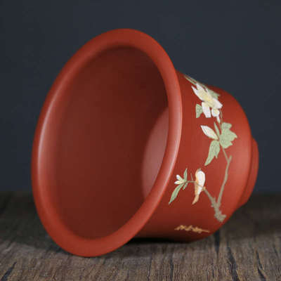 神力紫砂花盆兰花花盆 大红袍泥绘 桌面室内古典精品刻绘透气花盆