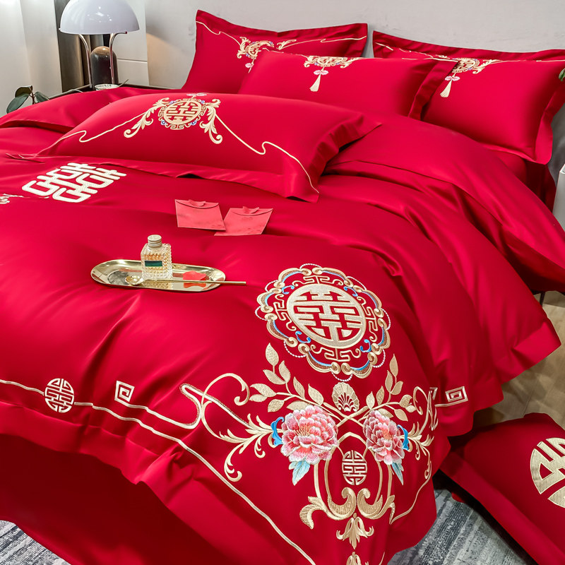 高档奢华中式刺绣全棉婚庆四件套大红色床单被套纯棉结婚床上用品