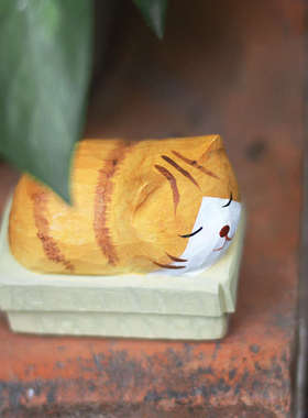 鹿妖商店 纸箱猫 求收养 橘猫 猫咪纯手工木雕 实木桌面摆件 礼物