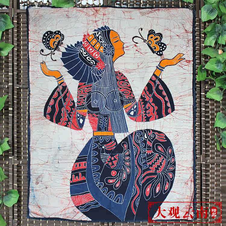 民族家居手工艺品苗族餐厅蝴蝶画茶室装饰壁挂布酒店蜡染女画壁画图片