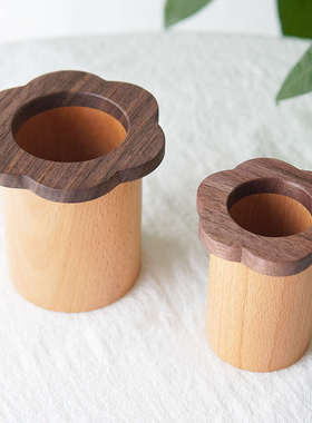 木头恰恰|花朵笔筒实木日式收纳筒办公室桌面文具摆件木质收纳盒