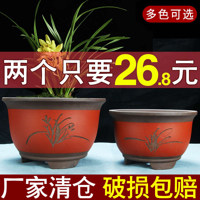 特大紫砂兰花盆特价清仓种树三角金钟君子兰圆口刻绘大号陶瓷花