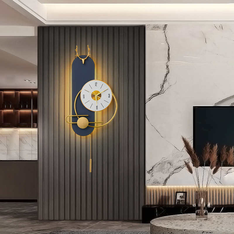 新款静音轻奢时钟壁灯时尚挂钟钟表背景墙装饰电视格栅灯新疆包邮