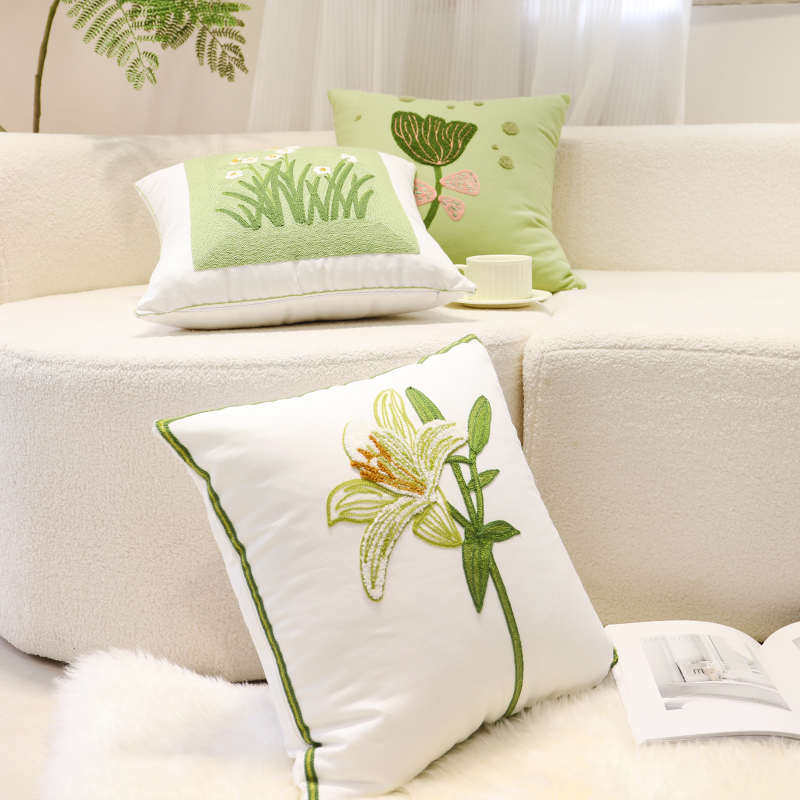绿色小清新田园抱枕套窗包百合花刺绣飘客厅沙发靠垫套靠枕棉全靠