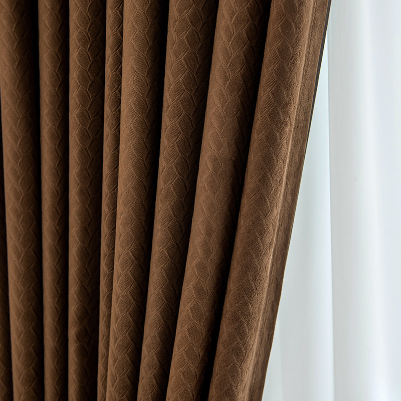 麦穗纹理丝绒咖啡色窗帘全遮光2023新款卧室客厅轻奢天鹅绒定制