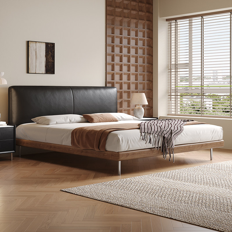 意式极简真皮床复古风双人主卧大床现代简约实木豆腐块黑色软包床