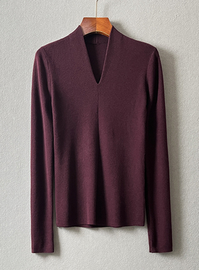 美到心坎100%美丽诺羊毛V领长袖针织衫女修身显瘦内搭打底衫上衣