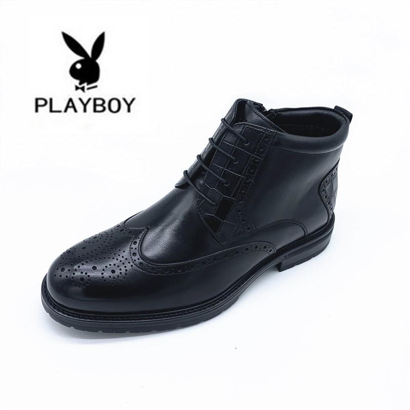 花花公子男鞋2021冬季棉鞋青年商务绅士正装布洛克皮鞋加绒保暖男