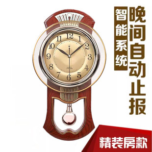 仿木整点报时挂钟欧式客厅家用钟表中式古典摆钟语音报时静音时钟