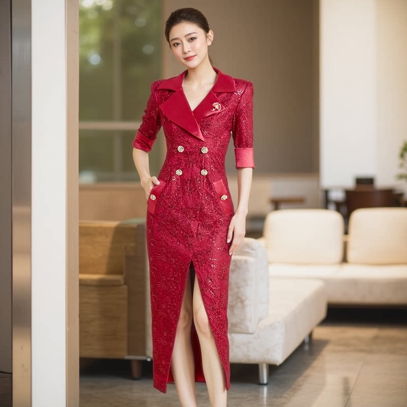 创意狐高端女装红色修身显瘦西装连衣裙高级主持日常可穿礼服新款