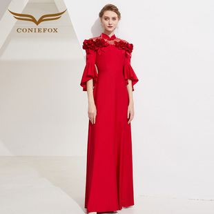 创意狐红色高端大气上档次舞台表演演出服婚礼订婚轻婚纱晚礼服裙