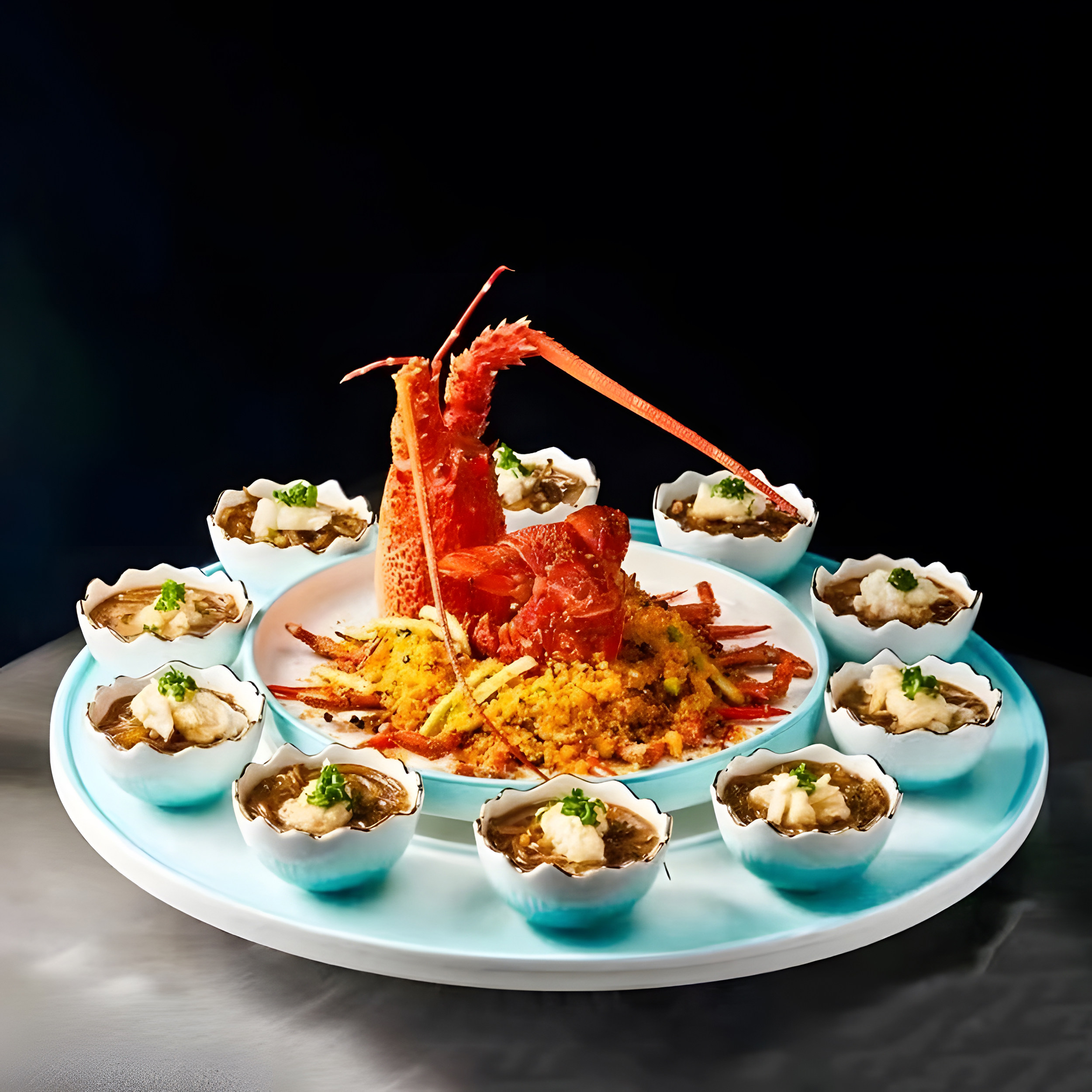 龙腾四海龙虾陶瓷刺身盘帝王虾意境菜酒店特色海鲜高级餐拼盘餐具