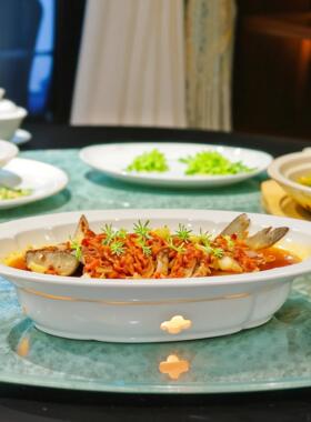 超大高级粤菜餐厅酒店中式烹饪融合白色蜡烛加热鱼炉商用蒸鱼碟子
