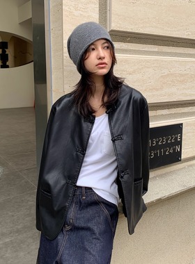 KERNEL COSMOS 油墨胶片  复古回潮轻中式小立领盘扣宽松皮衣外套