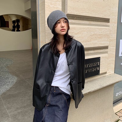 果核宇宙轻中式小立领盘扣皮衣